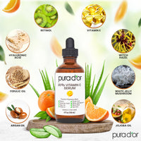 Thumbnail for PURA D'OR 20% Vitamin C Facial Serum 4 Oz - Antioxidant Blend with Retinol, Hyaluronic Acid, Vitamin E & Ferulic Acid - Hydrating Lightweight Skincare Formula - Men and Women Daily Use Skin Care Plus
