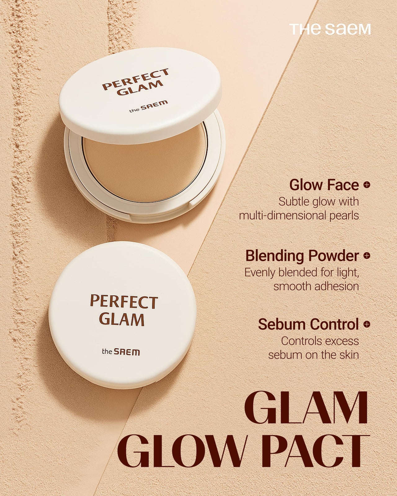 THESAEM Perfect Glam Glow Pact - Illuminating Face Powder with Colorful Pearls for Soft Radiant Glow - Sebum Control Blending Powder with Diamond & Silk - Korean Makeup Highlighter Compact