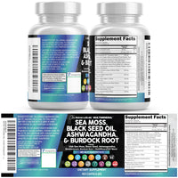 Thumbnail for Clean Nutraceuticals Sea Moss Black Seed Oil Ashwagandha Turmeric Bladderwrack Burdock & Vitamin C Vitamin D3 with Elderberry Manuka Dandelion Yellow Dock Iodine Chlorophyll ACV