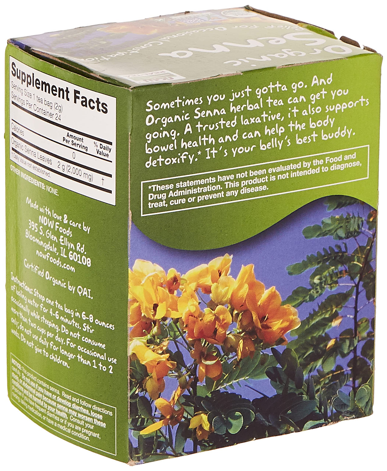 NOW Foods, Certified Organic Senna Tea, Caffeine Free, Relieving, Non-GMO, Premium Unbleached Tea Bags with No-Staples Design, 24-Count (Pack of 2)