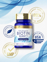 Thumbnail for Carlyle Biotin 10000mcg | 250 Fast Dissolve Tablets | Max Strength for Hair, Skin, and Nails | Vegetarian, Non-GMO, Gluten Free Supplement