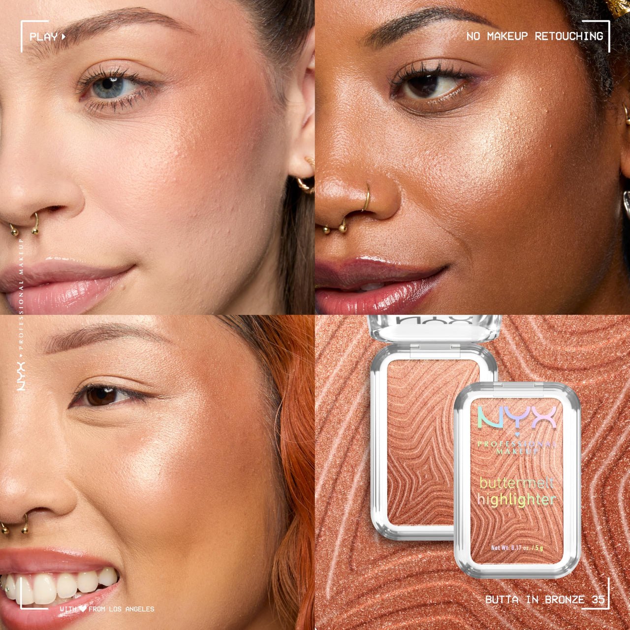 NYX PROFESSIONAL MAKEUP Buttermelt Highlighter, Powder Highlighter Makeup, With Up to 12H Wear and High Impact Glow - 35 Butta In Bronze (Bronzed Gold)