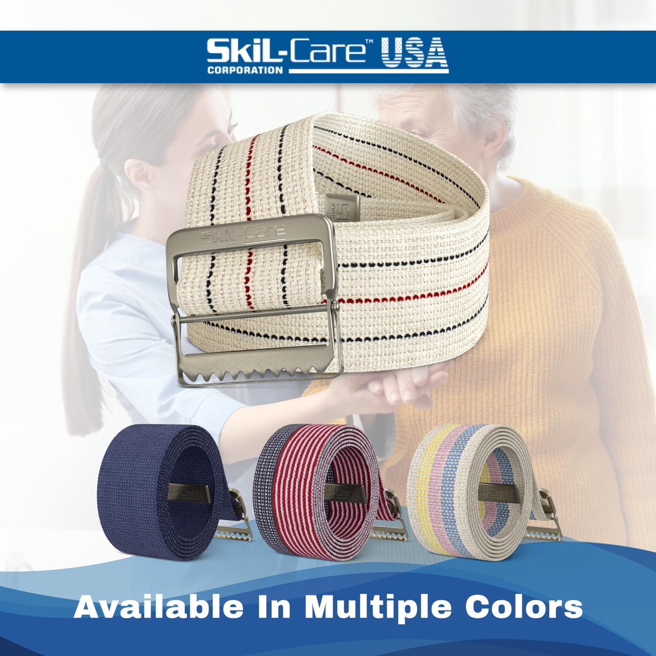 Skil-Care Cotton Gait Belt, Pinstripe, Metal Buckle, 72"L and 2" Wide, Durable Transfer and Physical Therapy Belt, 252074