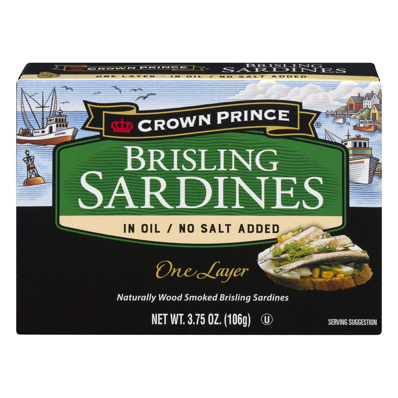 Crown Prince One Layer Brisling Sardines in Oil, No Salt Added, 3.75-Ounce Cans (Pack of 12)