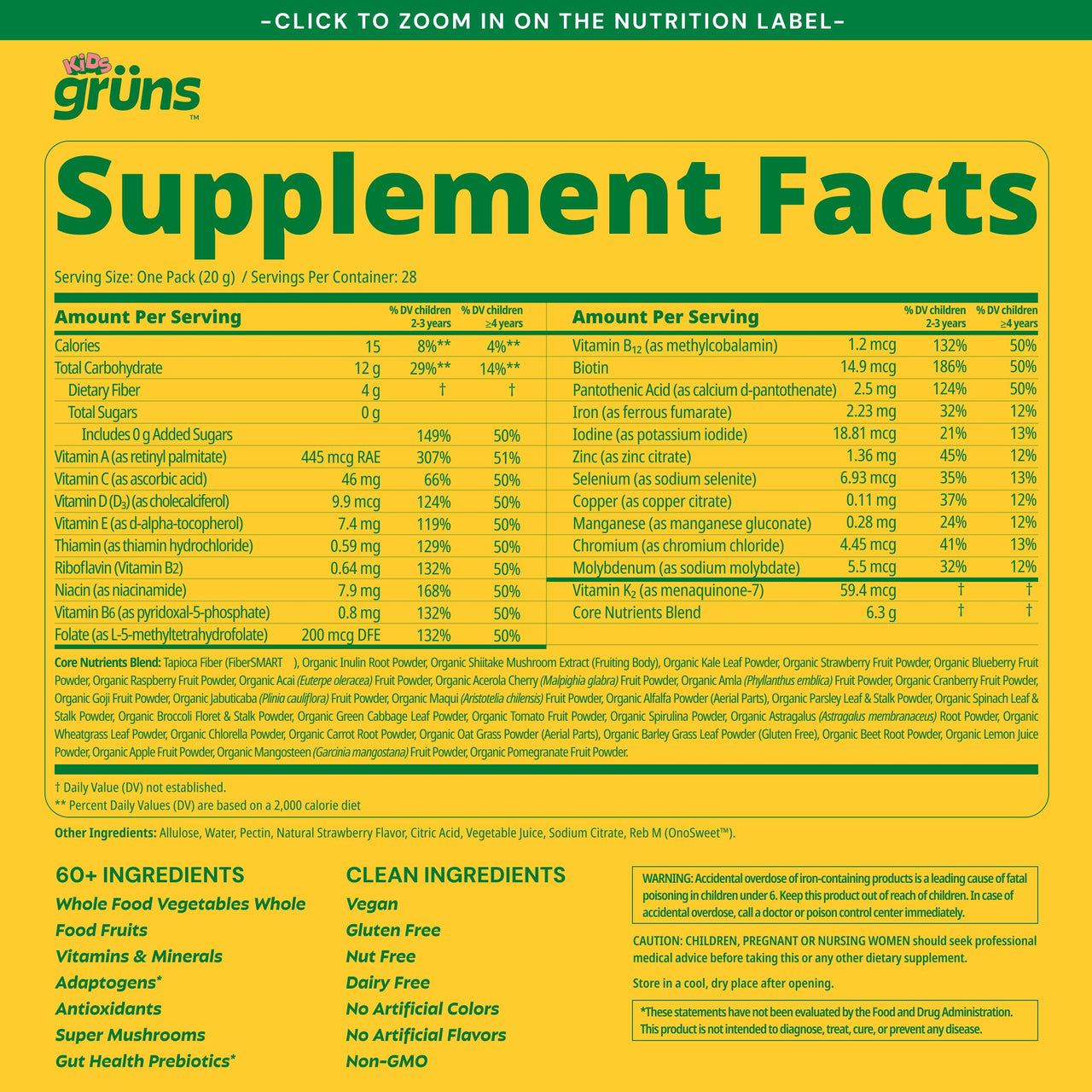 Gruns Multivitamin for Kids, Super Greens Gummies, Superfood Gummy Bears with 20+ Vitamins & Minerals, Spirulina, Chlorella, Alfalfa, Prebiotics Fiber for Digestive Health, Adaptogens Supplement, 28ct
