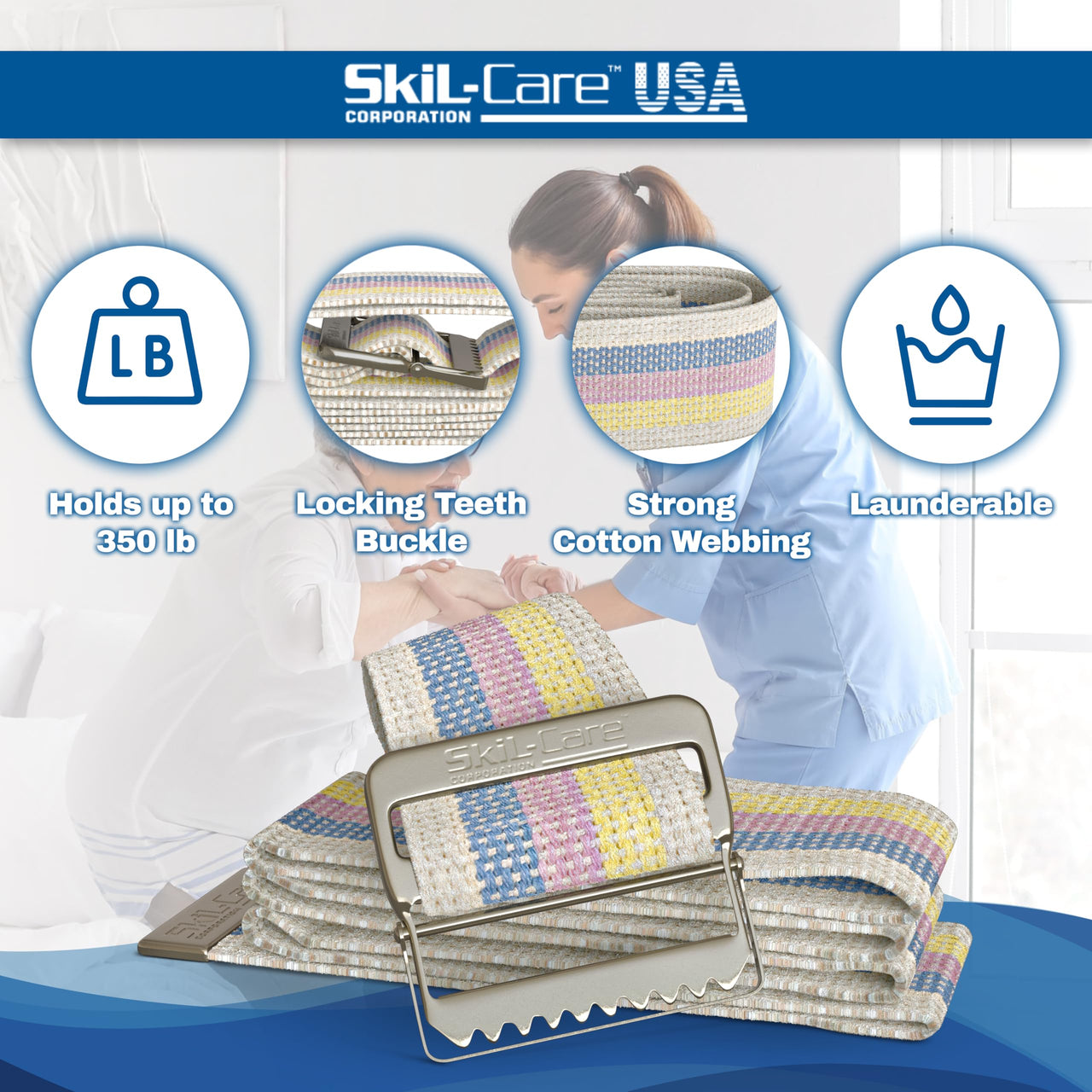 Skil-Care Cotton Gait Belt, Pastel Stripe Design, Gait Belt for Seniors, 72” L x 2” W, Secure Metal Buckle, Durable Cotton Webbing Transfer and Physical Therapy Belt, 252072