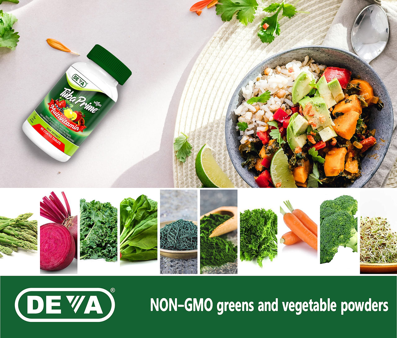DEVA Tuba Prime Vegan Multivitamin Iron-Free - High-Potency Vitamin & Mineral Dietary Supplement - Antioxidants, Fruit & Vegetable Blend, Super Mushrooms, Probiotics, Prebiotics, Seeds, Herbs 90 Tabs
