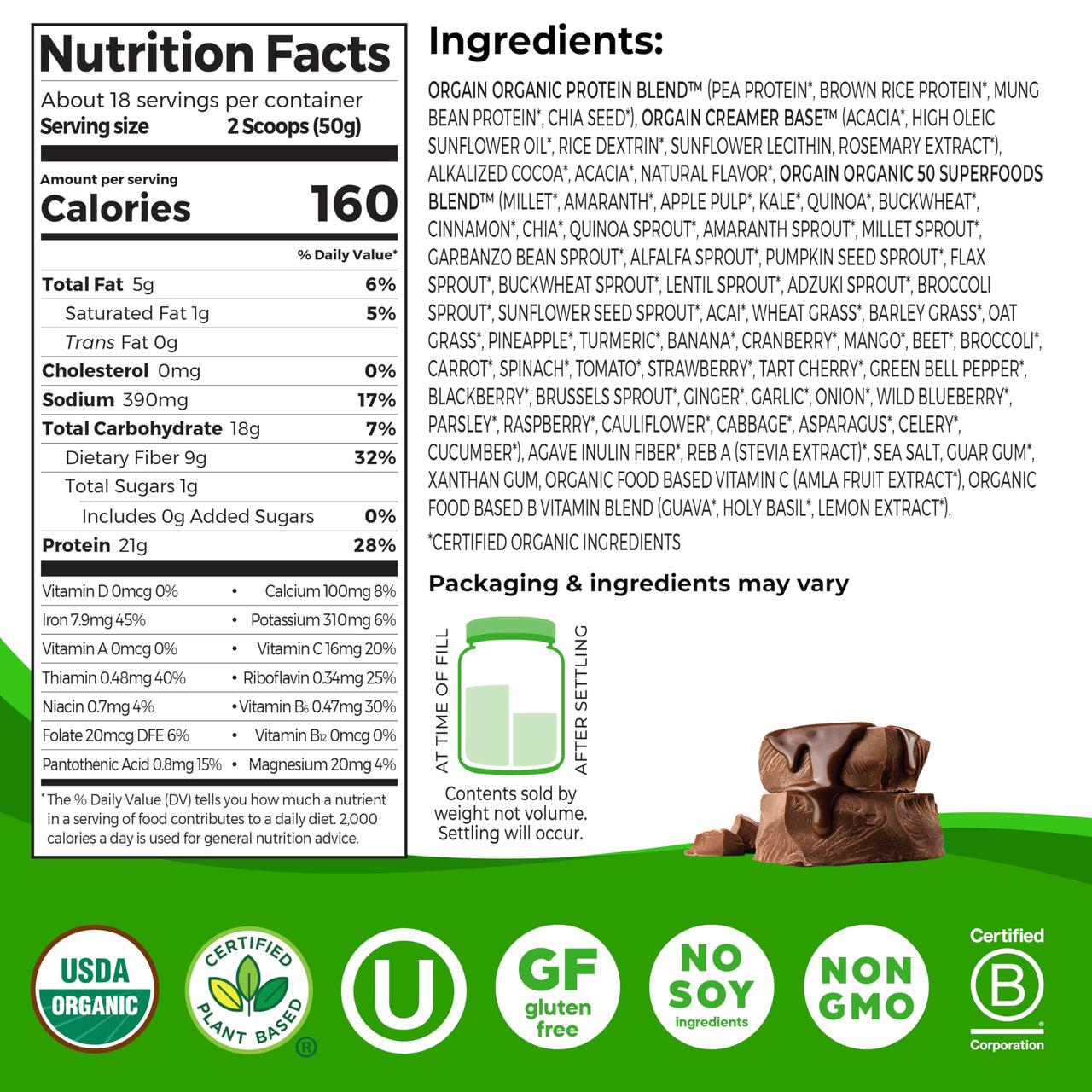 Orgain Organic Vegan Protein + 50 Superfoods Powder, Creamy Chocolate Fudge - 21g Plant Based Protein, 9g Prebiotic Fiber, No Lactose, Gluten Free, No Added Sugar, 2.02 lb (Packaging May Vary)