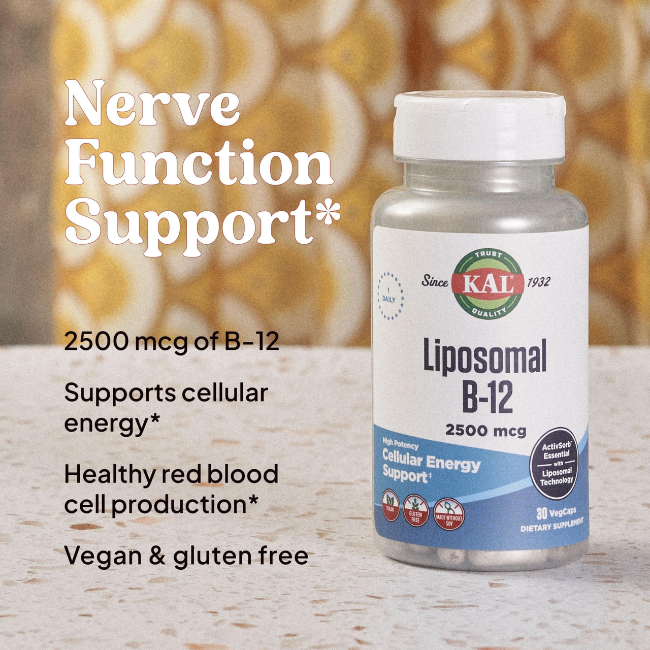 KAL Liposomal Vitamin B12 2500 mcg, High Absorption, Liposomal Technology, Cellular Energy Support, Vegan Capsules, Gluten Free, Made Without Soy, 30 Servings