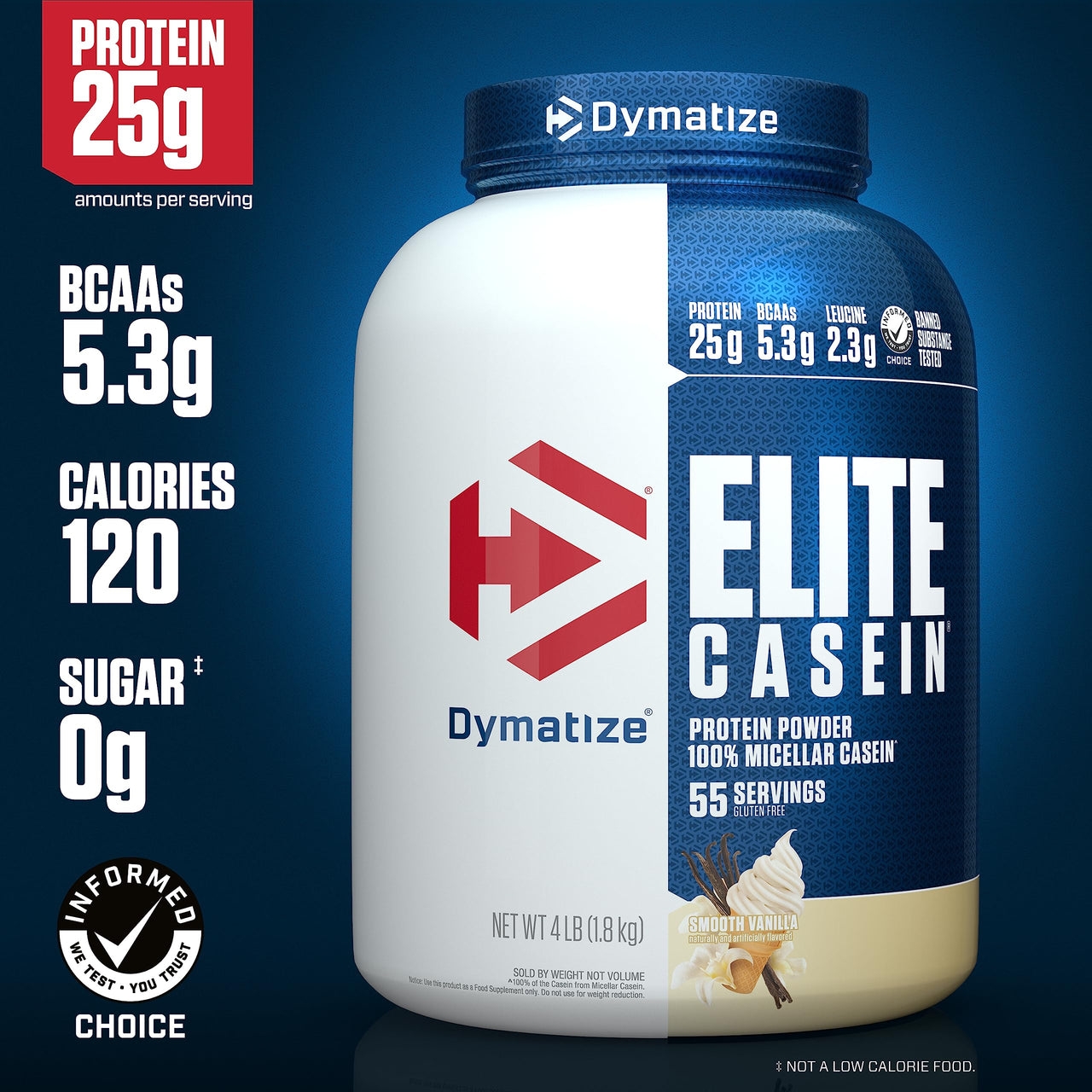 Dymatize Elite Casein Protein Powder, Vanilla, 100% Micellar Casein, 25g Protein, 5.4g BCAAs, 2.3g Leucine, Slow Absorbing for Overnight Muscle Recovery, 4 lb (55 Servings)