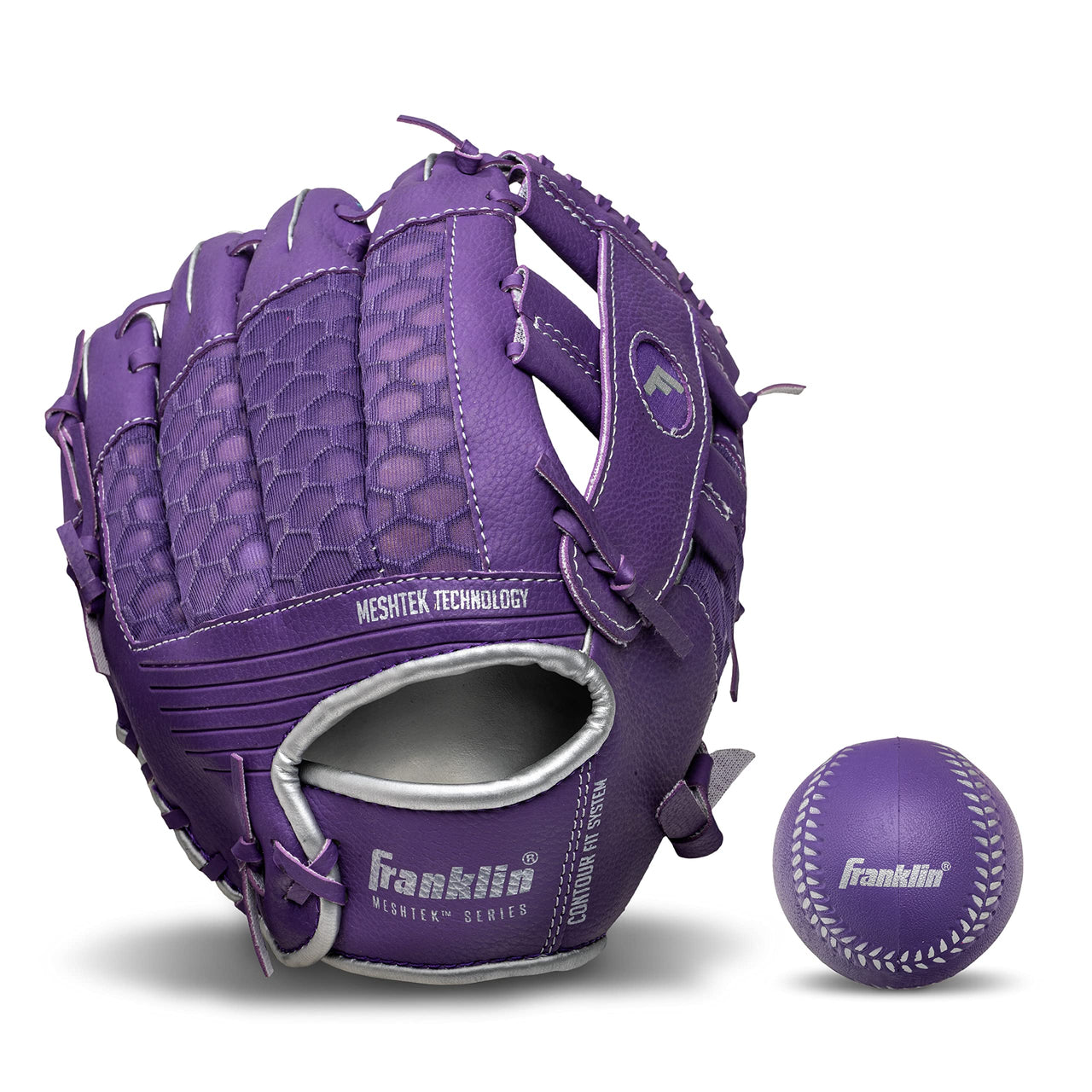 Franklin Sports unisex teen and Franklin Sports Kids Baseball Gloves Meshtek Child s Tball Glove Ball Set Boys Girls Teeball, Purple/Chrome, 9.5 US