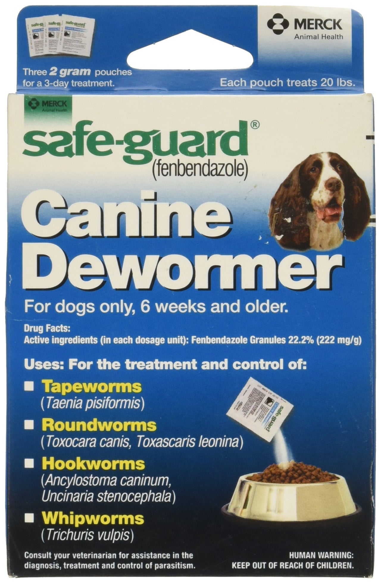 SAFE-GUARD (fenbendazole) Canine Dewormer for Dogs, 2gm pouch (ea. pouch treats 20lbs.), Blue, 0.07 Ounce (Pack of 3) (033576/001-033576)