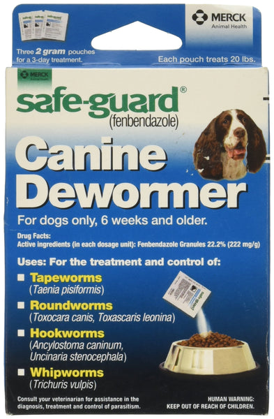 SAFE-GUARD (fenbendazole) Canine Dewormer for Dogs, 2gm pouch (ea. pouch treats 20lbs.), Blue, 0.07 Ounce (Pack of 3) (033576/001-033576)