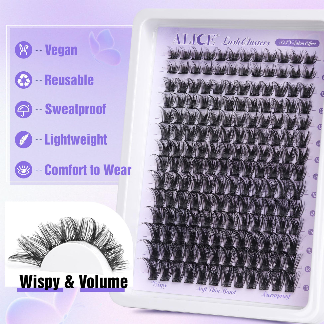 ALICE Lash Clusters Wispy Eyelash Clusters 10-18mm 168pcs Cluster Eyelash Extensions Natural Volume Lash Extensions DIY Individual Lashes with Soft Thin Band