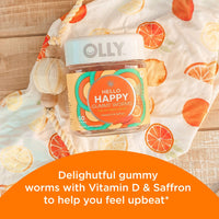 Thumbnail for OLLY Hello Happy Gummy Worms, Mood Balance Support, Vitamin D, Saffron, Adult Chewable Supplement, Tropical Zing - 60 Count