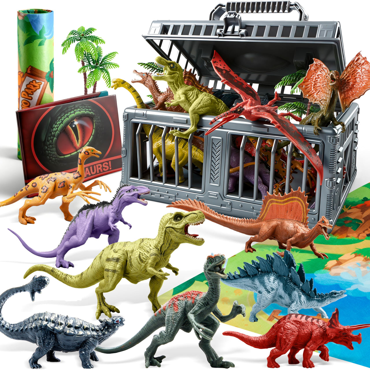 JOYIN Dinosaur Toys for Kids 3-5, 17 PCS Realistic Dinosaur Figures with Activity Play Mat & Storage Cage, Ideal Kids Toys for 3 Year Old Boys, Animals Toy for Boys Birthday Gifts