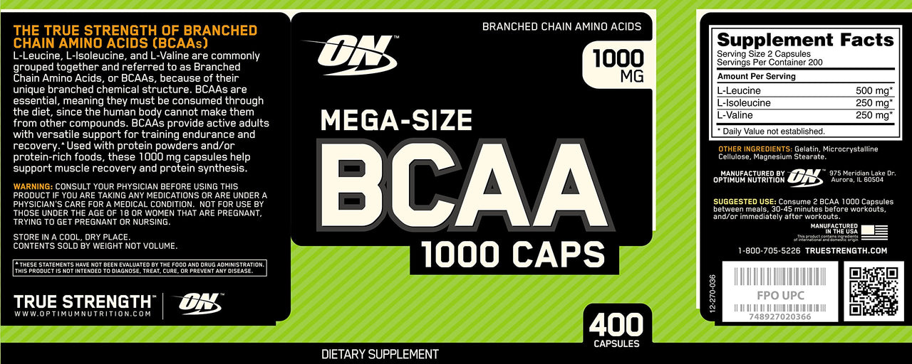 Optimum Nutrition Mega-Size BCAA 1000 Caps - 400 Capsules (200 Servings)