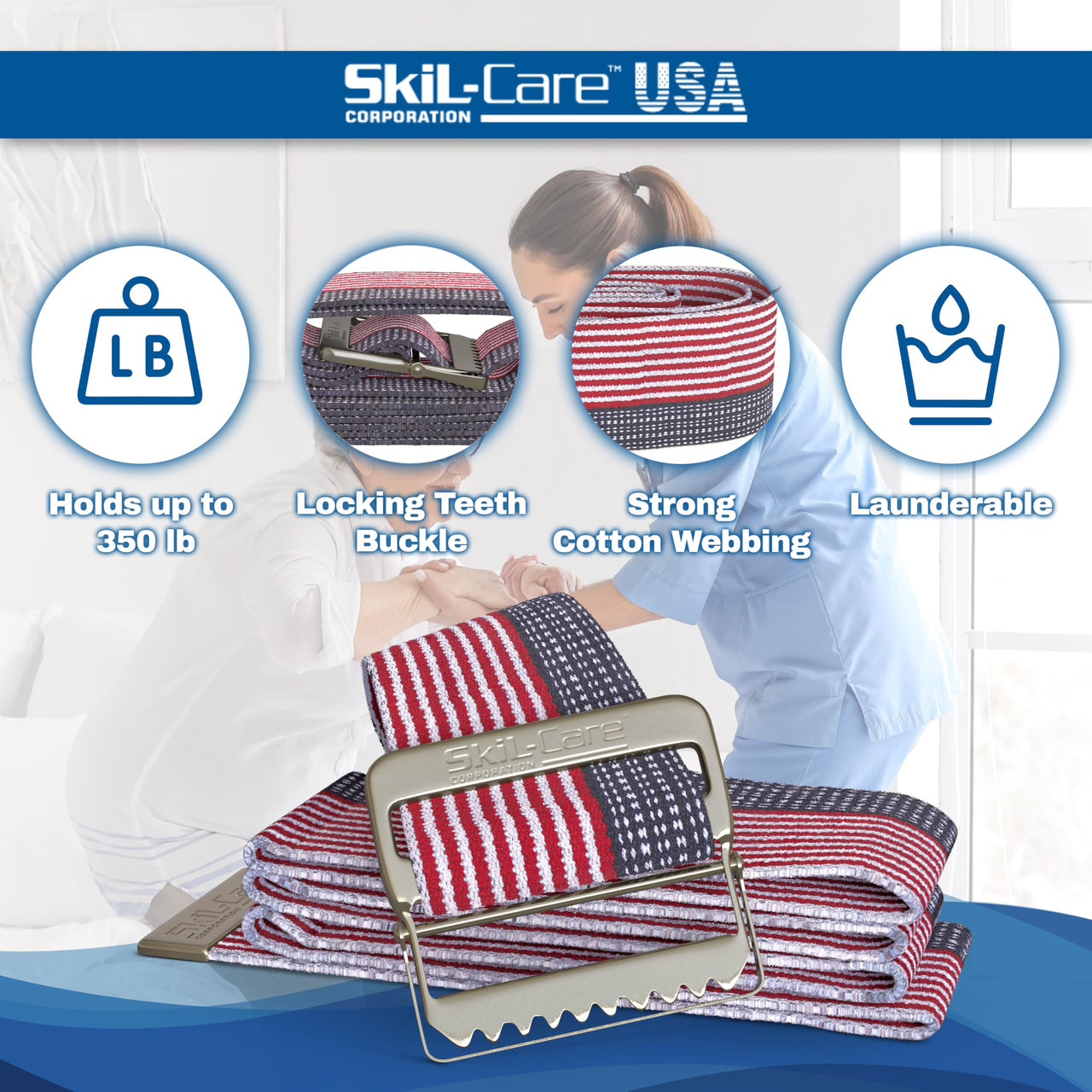 Skil-Care Cotton Gait Belt, Stars & Stripes Design, Gait Belt for Seniors, 60” L x 2” W, Secure Metal Buckle, Durable Cotton Webbing Transfer and Physical Therapy Belt, 252015