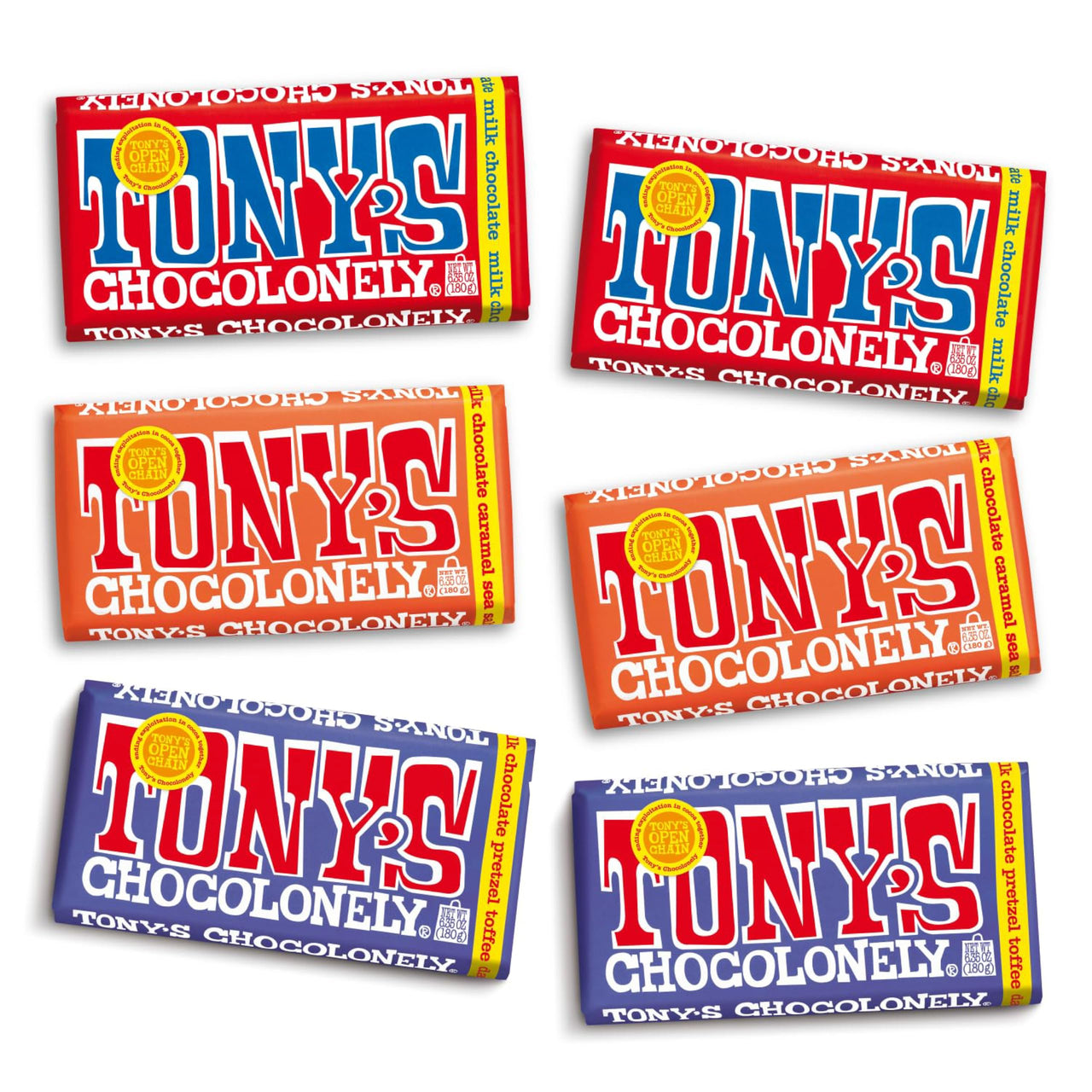 Tony's Chocolonely - Top 3 Milk Chocolate Bundle - Belgium Chocolate Bar, No Artificial Flavoring, Made From Fairtrade & B Corp Certified - 6.35 Oz, 6 Bars