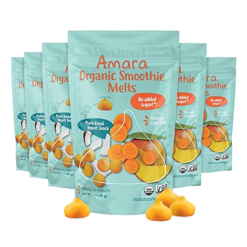 Image 1 of Default Title for the product Amara Smoothie Melts - Mango Carrot - Organic Baby Snacks w/ Fruits & Veggies - Plant Based Yogurt Melts - Healthy Toddler Snack - Activity Book Included - Enjoy From 10+ Mos - 6 Resealable Bags
