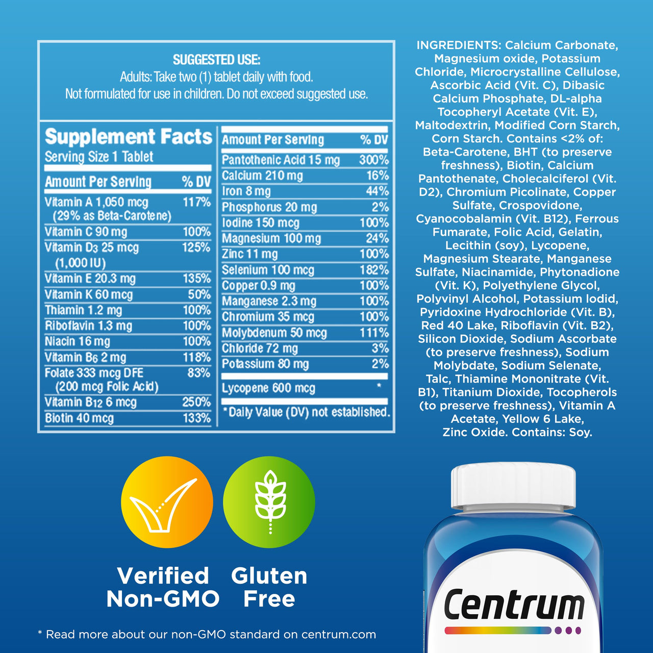Centrum Multivitamin for Men, Multivitamin/Multimineral Supplement with Vitamin D3, B Vitamins and Antioxidants, Gluten Free, Non-GMO Ingredients -Tablet 200 Count