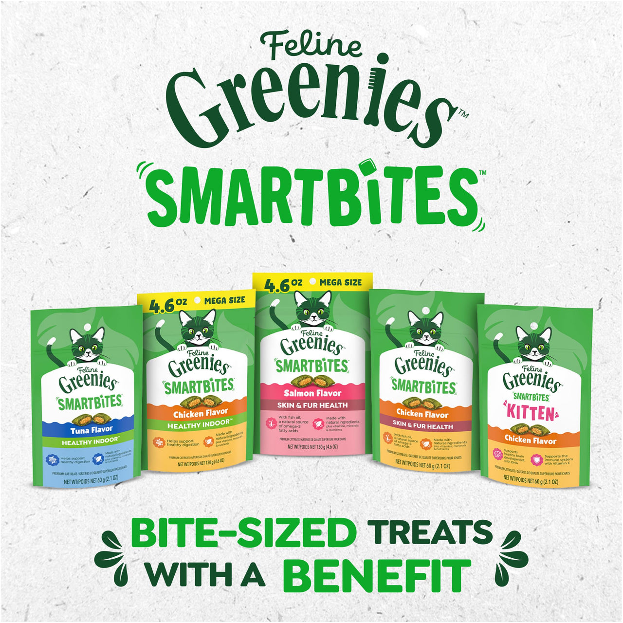 Greenies Cat Treats, Feline Smartbites, Skin & Fur Health, Crunchy and Soft Cat Treats, Chicken Flavor, 2.1 oz. Pack