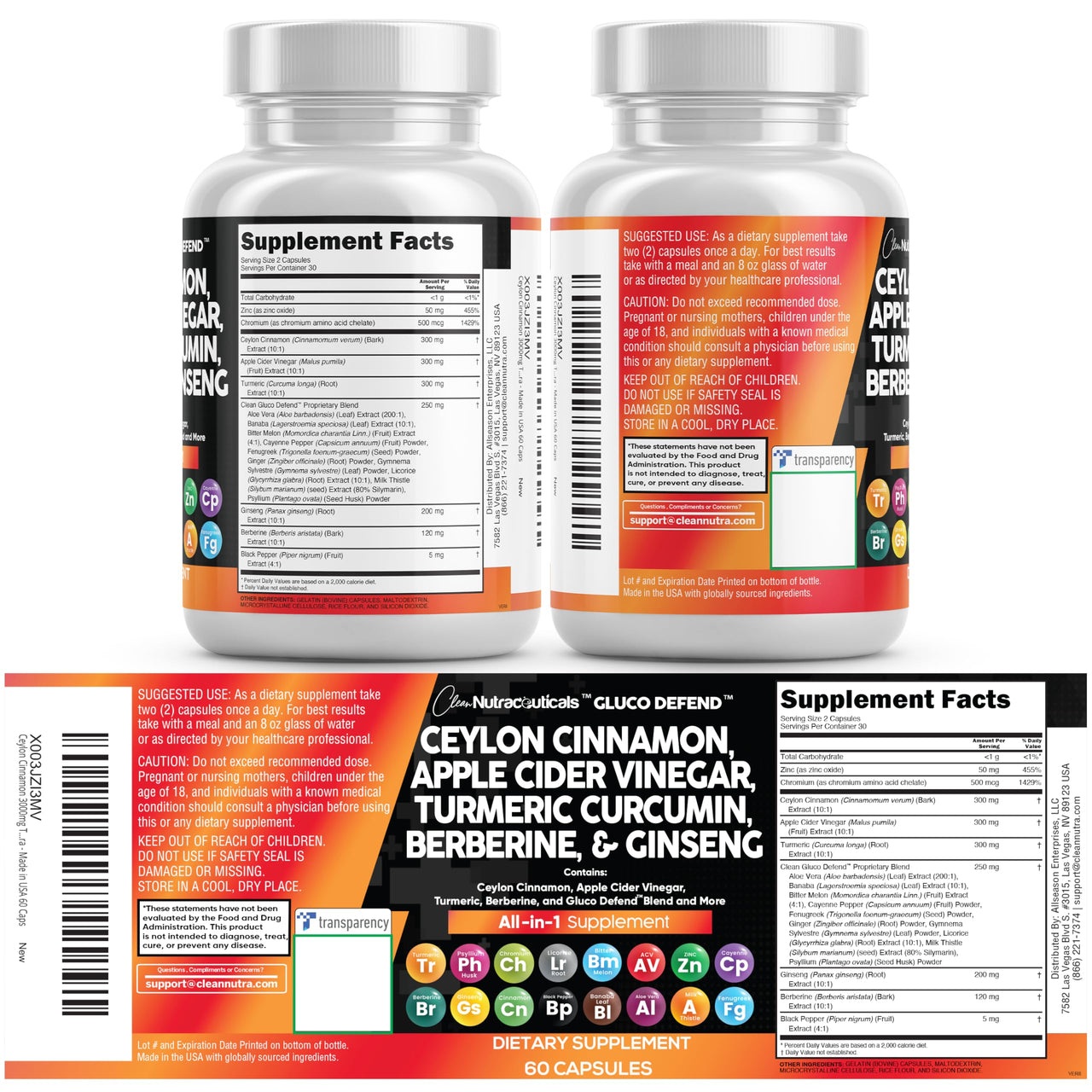 Clean Nutraceuticals Ceylon Cinnamon Capsules + Berberine Turmeric Apple Cider Vinegar Ginseng Bitter Melon Gymnema Milk Thistle Fenugreek Supplement Pills Powder for Men & Women