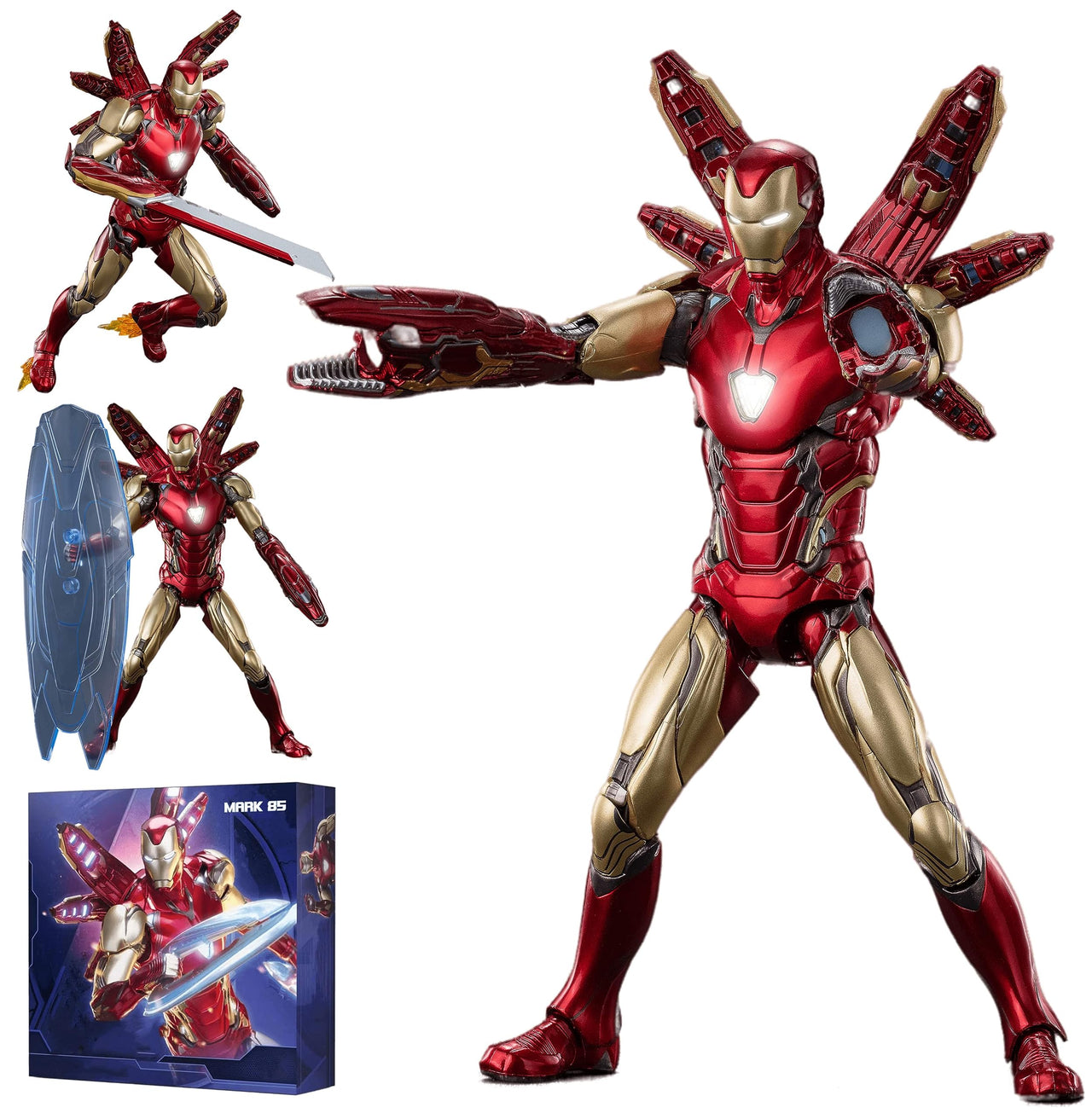 LonullyMege MK85Ironman(Deluxe Version) Action Figure-7inch Light with Chest and Eyes Metal Painting Collectable Model-20 Joints Movable with Multi Weapon Accessories Toys(1/10 Scale)
