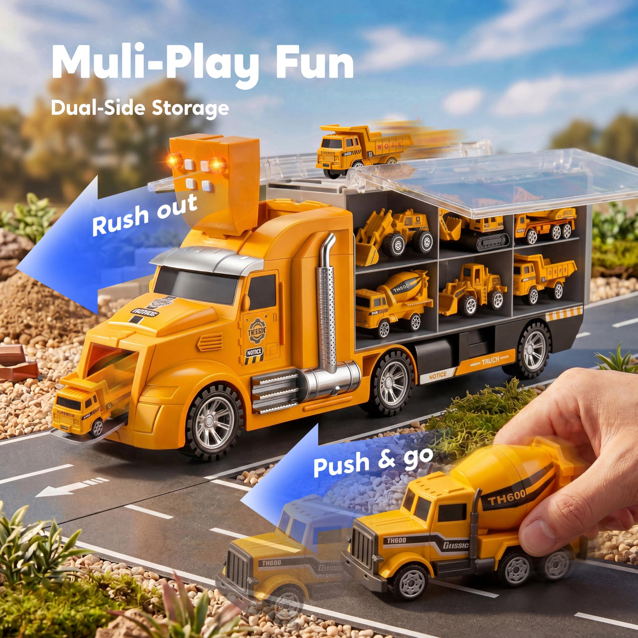 JOYIN 25-in-1 Construction Truck Toy Set with 12 Vehicles & 12 Worker Figures, Push and Go Toy Trucks with Sound and Light, Construction Toys Birthday Gifts for Kids 3 4 5 6 7 Years Old