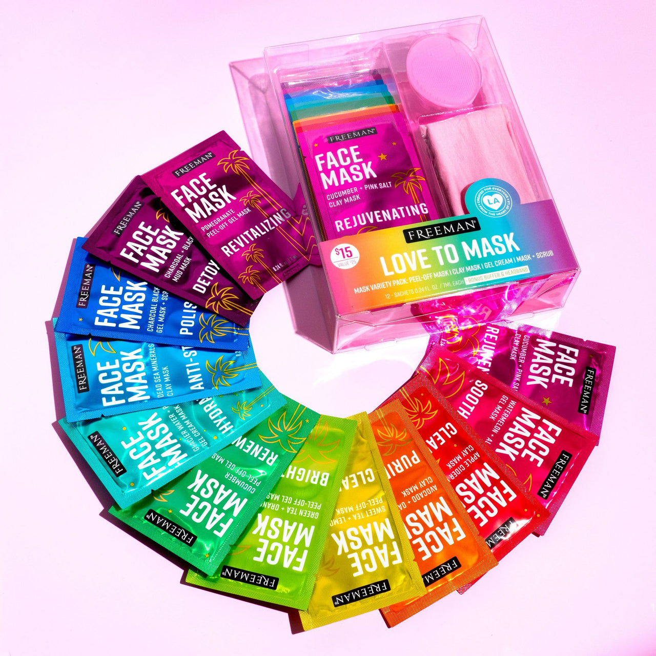 Freeman Facial Love To Mask Variety Pack: Oil Absorbing Clay, Detoxifying Charcoal, Clearing Peel Off, Hydrating Gel Cream, Exfoliating Scrub (14 Piece Kit with Bonus Buffer and Headband)