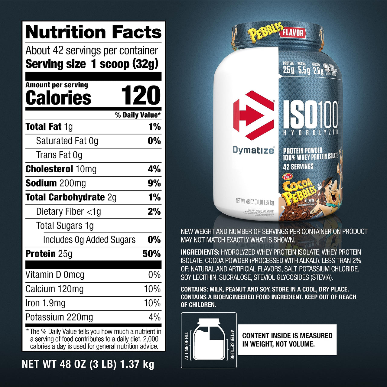 Dymatize x Cocoa Pebbles ISO100 Whey Protein Powder Isolate, 25g of Protein, 5.5g BCAAs, 120 Cal., Gluten Free, 1g Fat, 1g Sugar, 2g Carb (42 Servings)