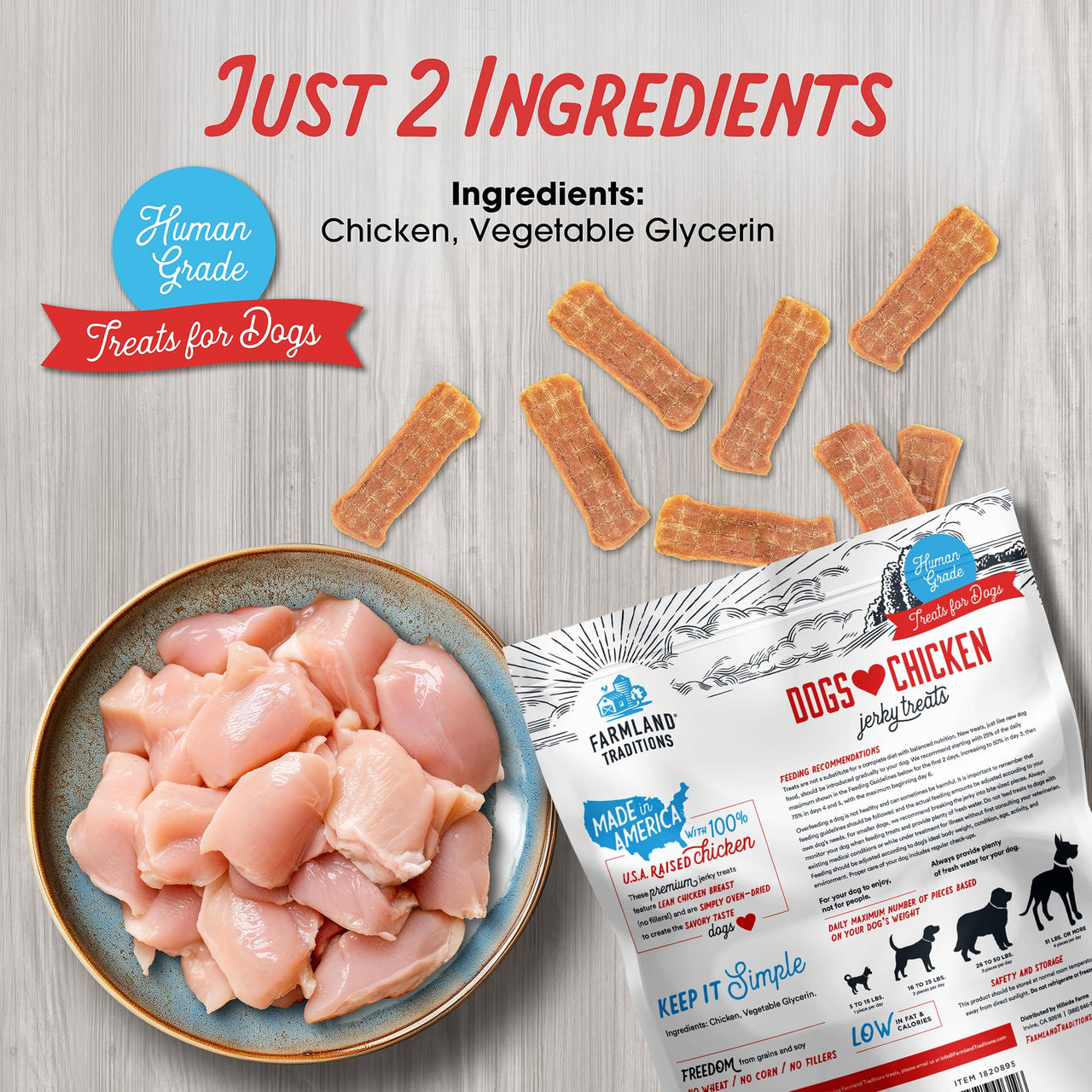 Farmland Traditions Dogs Love Chicken Jerky Dog Treats, Premium Two-Ingredient Dog Jerky with USA-Raised, Human-Grade Chicken & No Antibiotics Ever, 1 Pound (Pack of 1) Bag