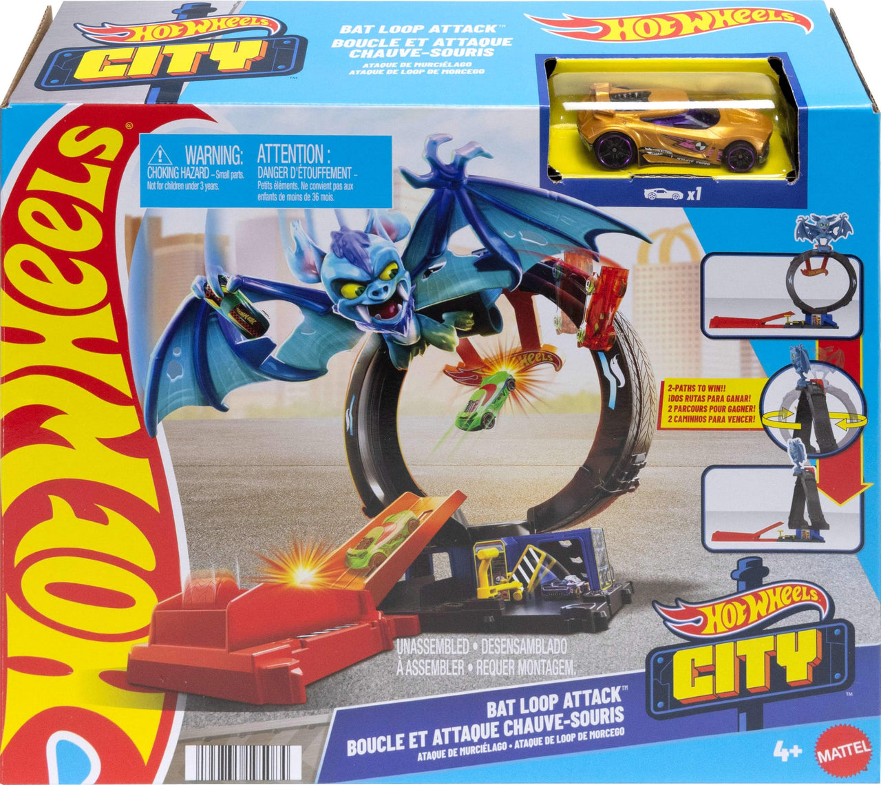 Hot Wheels City Toy Car Track Set, Bat Loop Attack with Adjustable Loop & Launcher, 1:64 Scale Vehicle, Connects to Other Sets