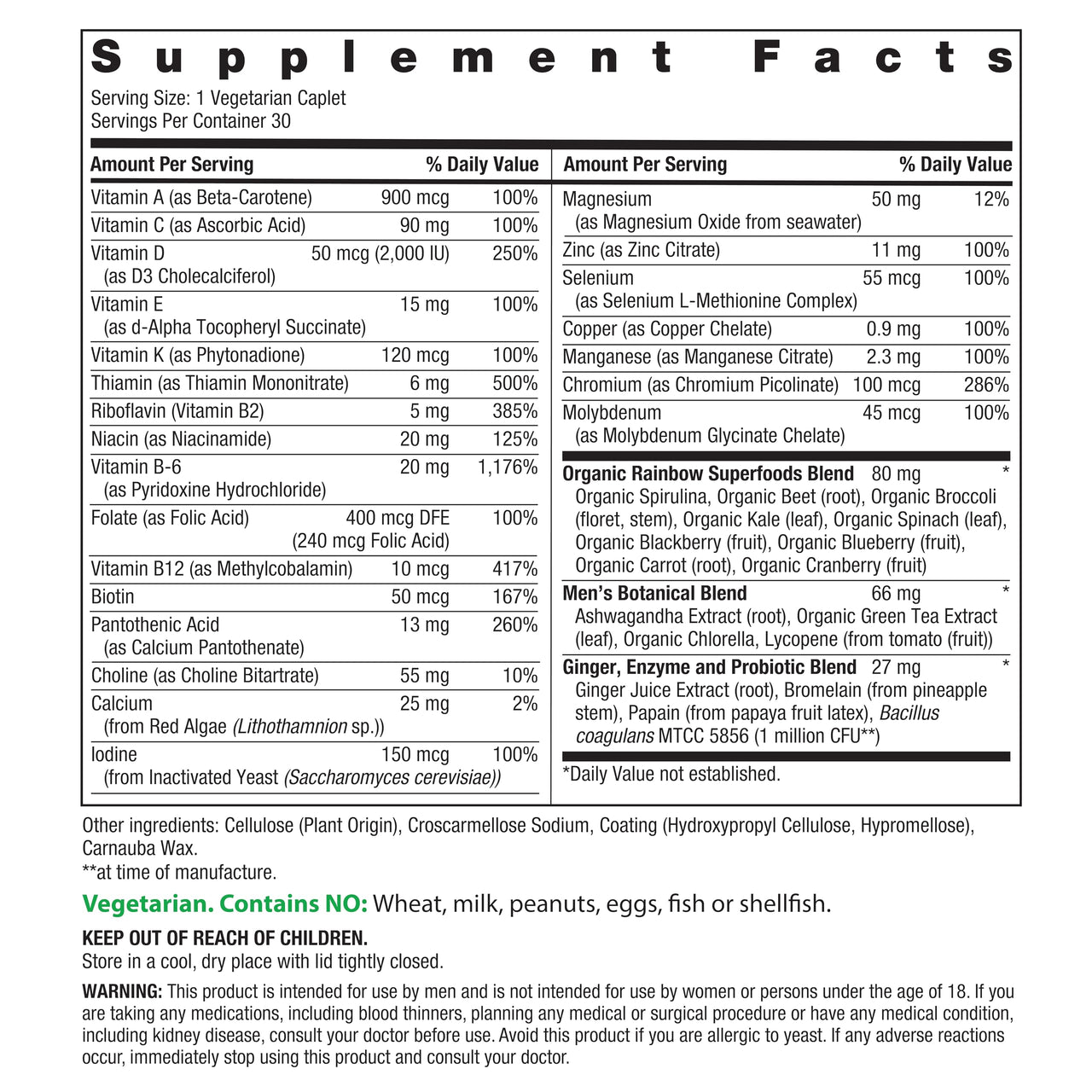 Rainbow Light Mens Multivitamin One + | 30 Caplets | Real Food Nutrients, Digestive Enzymes & Probiotics