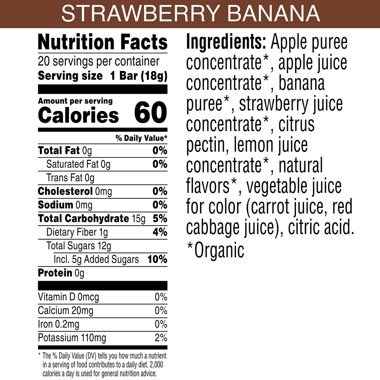 Pure Organic Strawberry Banana Layered Fruit bar - Organic, Gluten-Free, Non-Gmo Project Verified, Vegan Fruit Snack, 0.63oz (Pack Of 20)