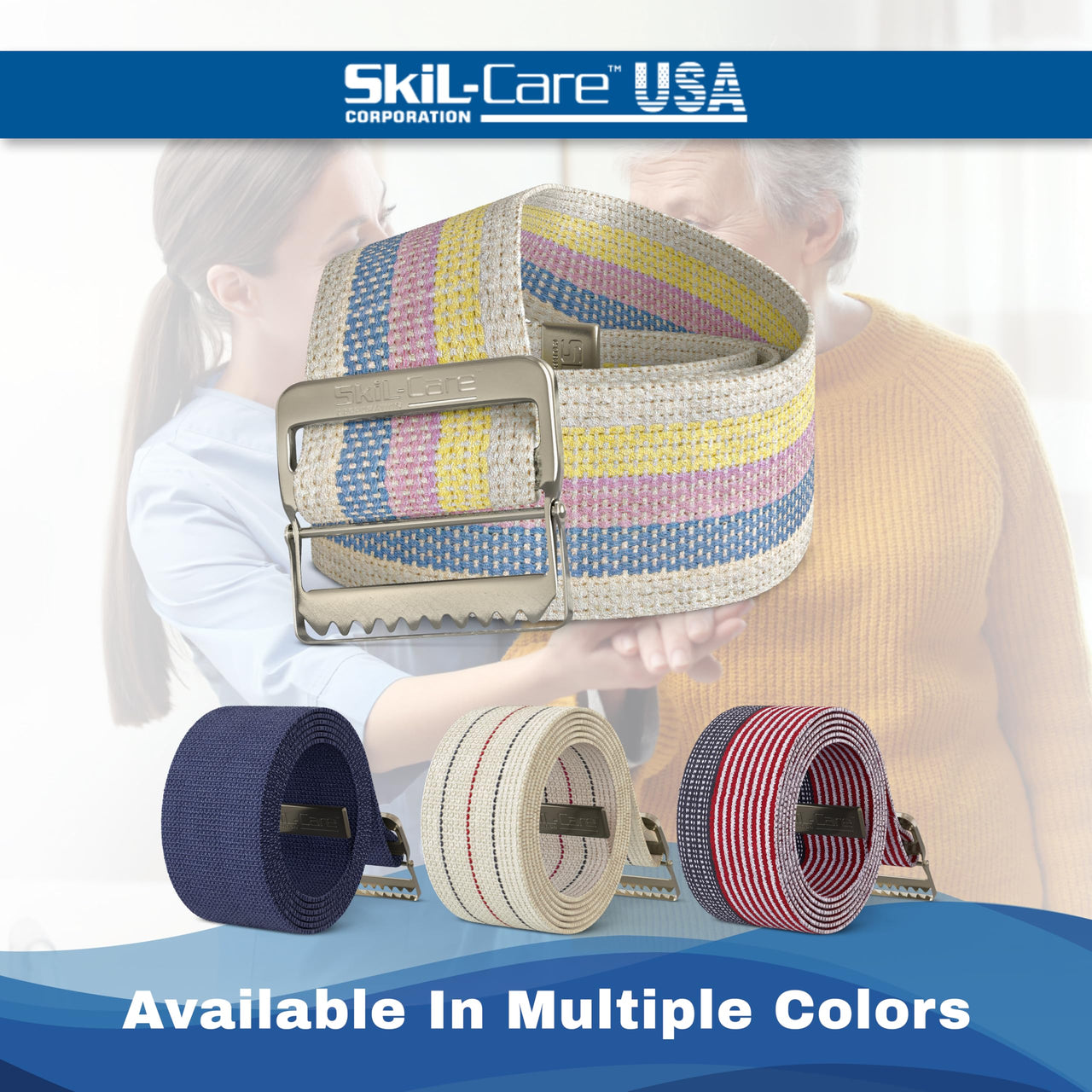 Skil-Care Cotton Gait Belt, Pastel Stripe Design, Gait Belt for Seniors, 72” L x 2” W, Secure Metal Buckle, Durable Cotton Webbing Transfer and Physical Therapy Belt, 252072