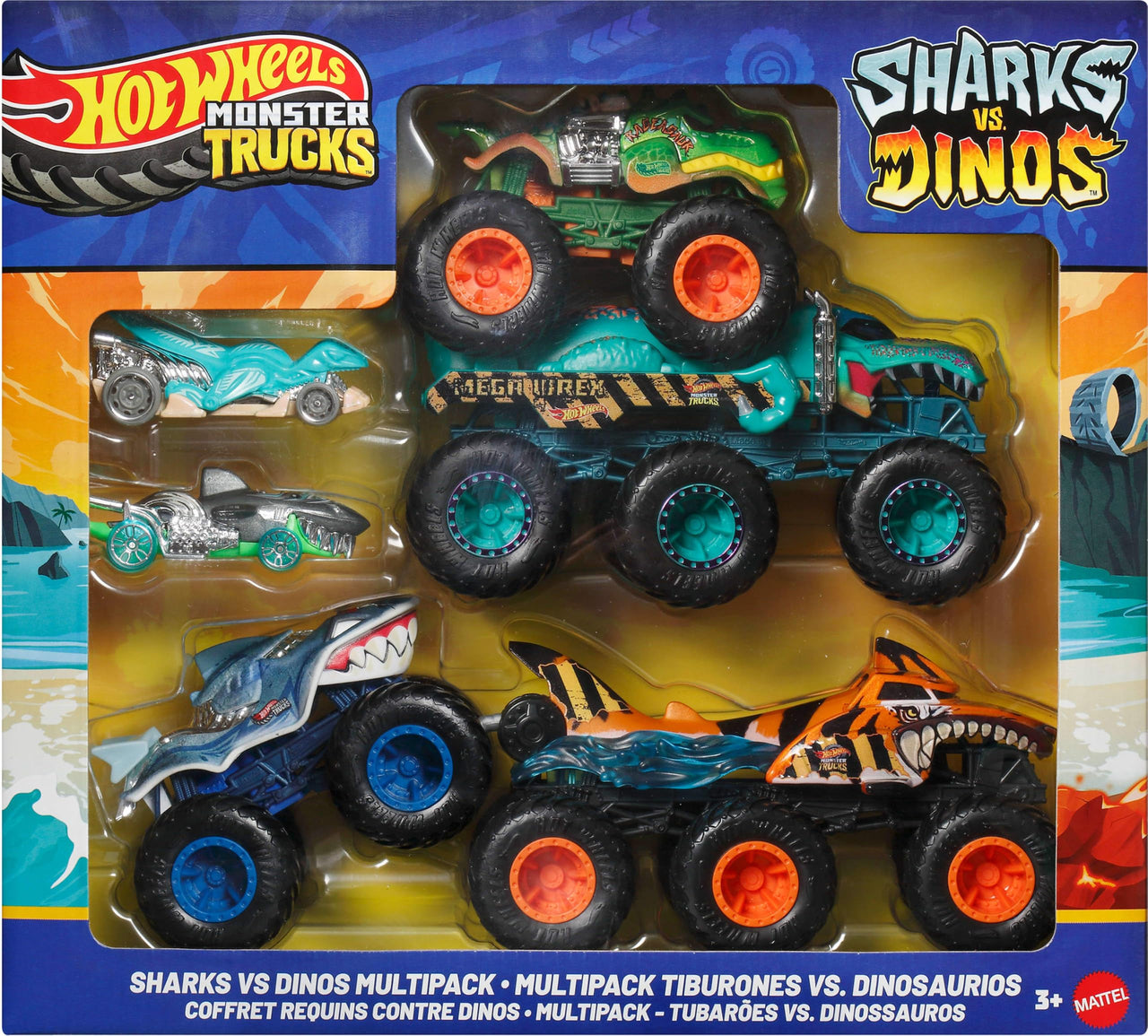 Hot Wheels Toy Cars & Monster Trucks, Sharks vs. Dinos Multipack with 8 Total Vehicles, Including Big Rigs, 1:64 Scale Monster Trucks & 1:64 Scale Hot Wheels Vehicles