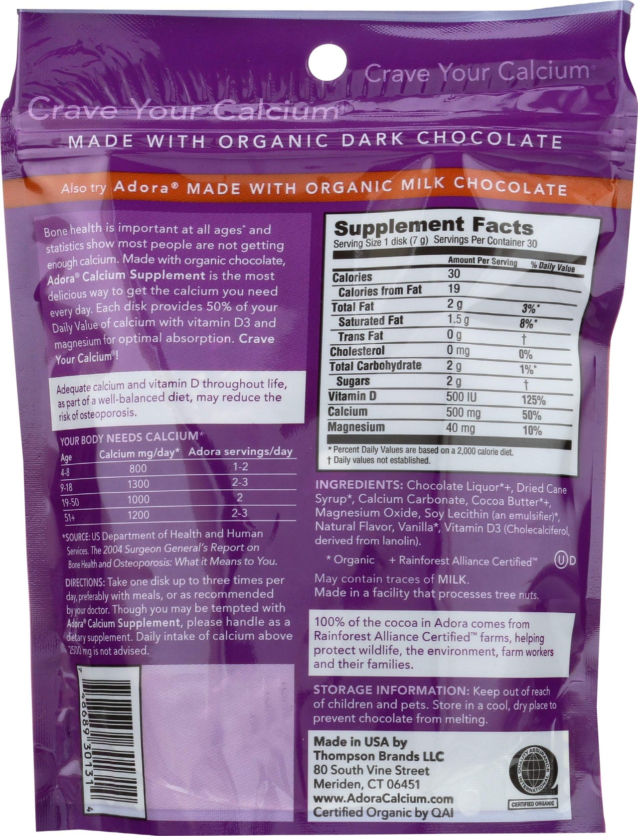 Adora Calcium Supplement Disk, Dark Chocolate, 30 Count - 500 mg