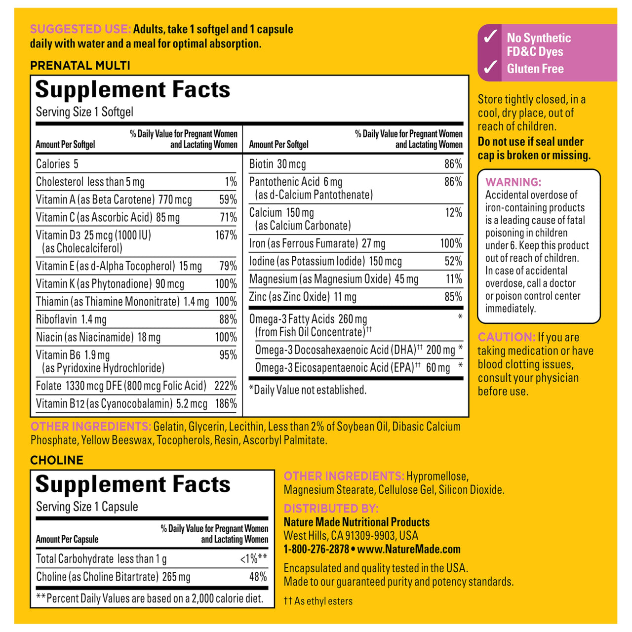 Nature Made Prenatal Vitamin Softgels + Choline Capsules, Folic Acid + DHA + Choline, 60 Prenatal Vitamins for Women, 60 Choline Supplements Capsules, 60 Day Supply