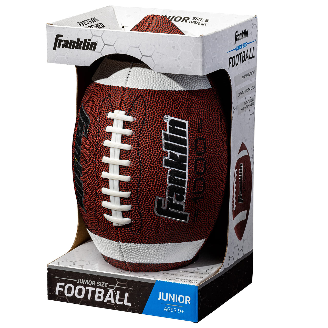 Franklin Sports Youth Football - 1000 Junior Kids Football - Synthetic Leather Youth Junior Ball for Kids - Outdoor All-Weather Construction - Extra Grip - 1 Pack - Brown + White