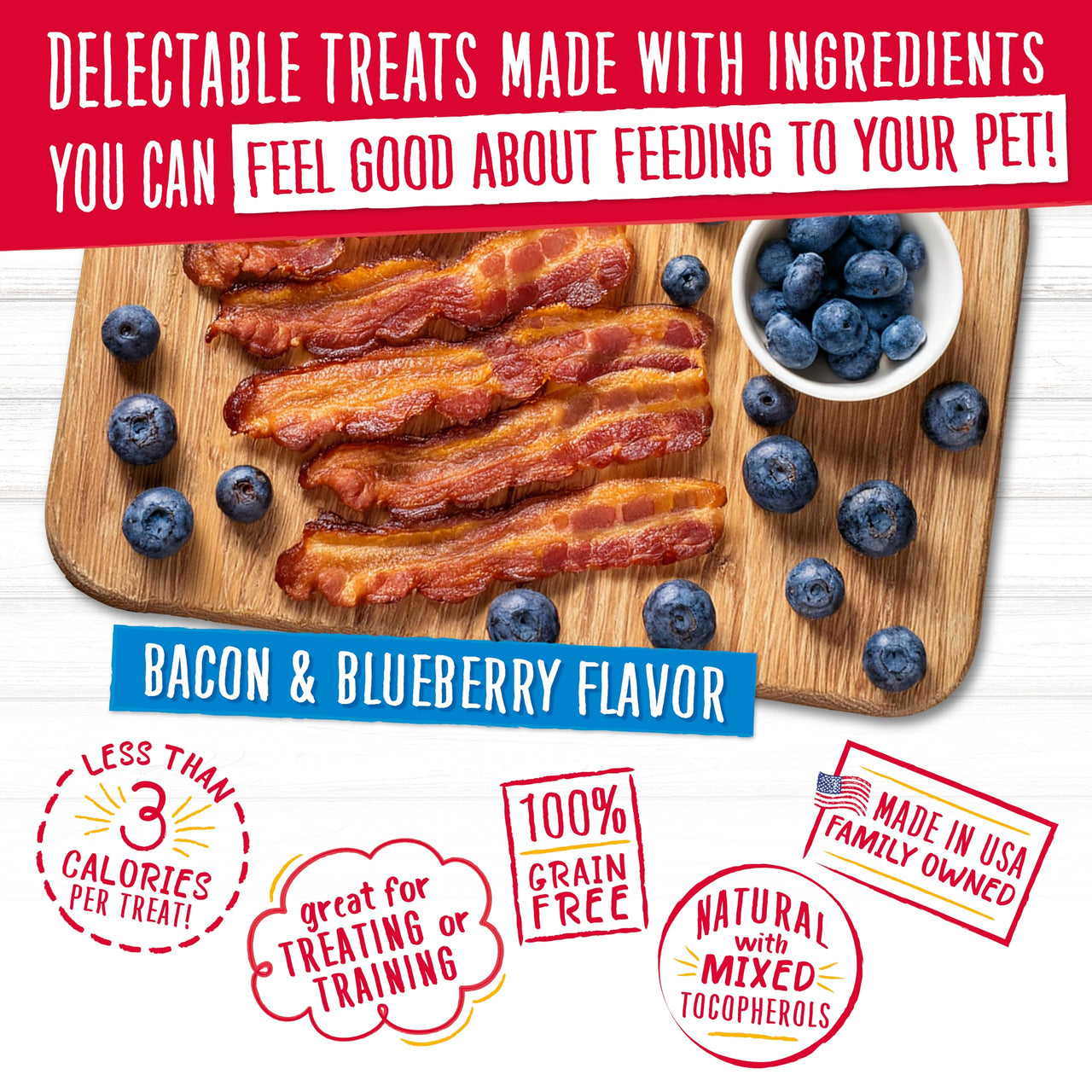 Charlee Bear Crunch Grain Free Dog Treats, Bacon and Blueberry, 8 Ounce Resealable Bag, Low Calorie Training Treats for Dogs, Limited Ingredient, Healthy, Crunchy Dog Snacks, Made in USA