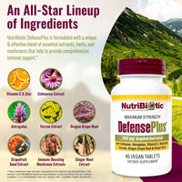 Thumbnail for NutriBiotic – DefensePlus, 45 Tablets | 11 in 1 Immune Support with Vitamin C, Zinc, Grapefruit Seed Extract, Echinacea, Astragalus Root & Immune Boosting Extracts & Mushrooms | Vegan & Gluten Free