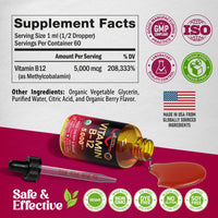 Thumbnail for USDA Organic Vitamin B12 Sublingual Drops - 5000 mcg Liquid Vegan Methylcobalamin for Women & Men - Energy Boost, Focus & Mood, Brain Health Support - Maximize Absorption - 2 Month Supply, 2 fl oz