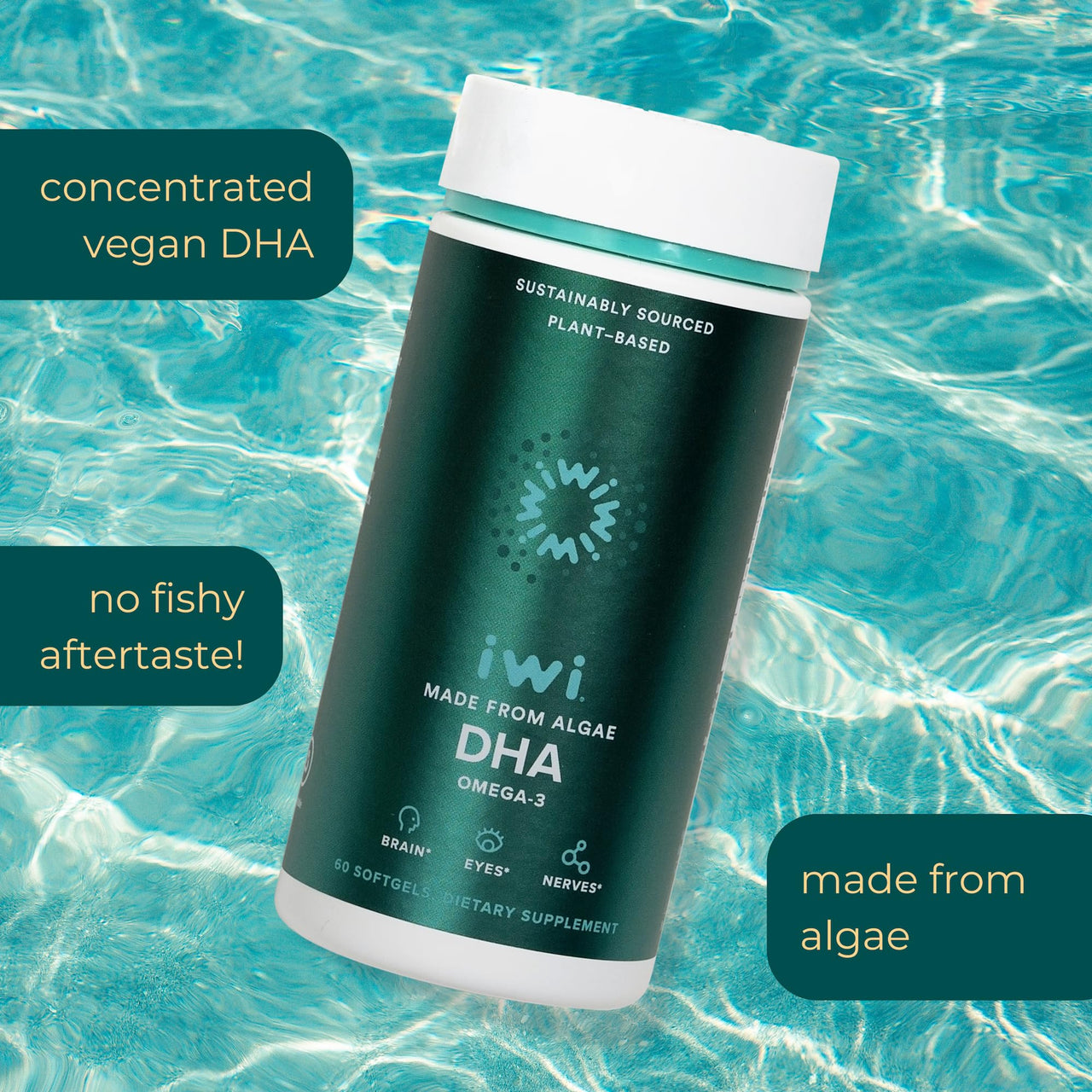 Iwi DHA Omega-3, 60 Softgels (30 Servings), Plant-Based Algae Omega 3, Brain, Eyes & Nervous System Support Dietary Supplement, Krill & Fish Oil Alternative, No Fishy Aftertaste