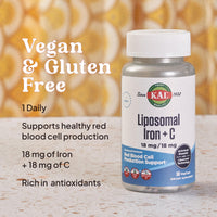 Thumbnail for KAL Liposomal Iron Supplement with Liposomal Vitamin C, Iron Supplement for Women and Men, High Absorption, Gentle Iron Pills, Vegan, Gluten Free, 30 Servings, 30 VegCaps