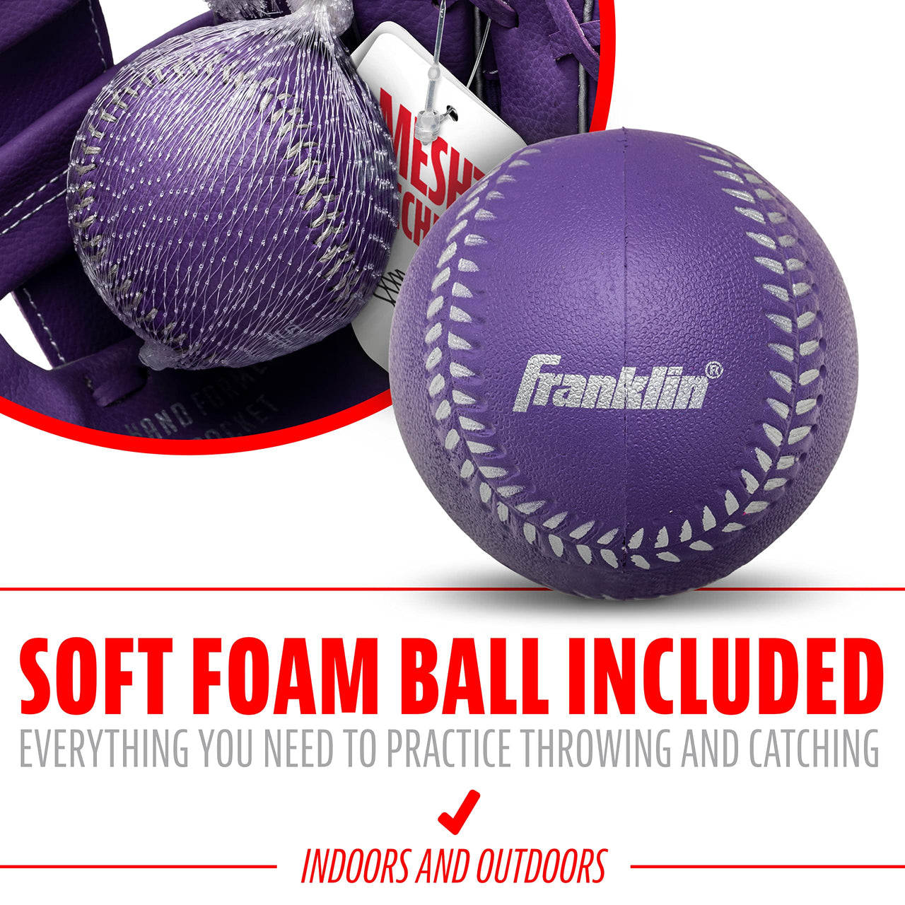 Franklin Sports Meshtek Teeball Fielding Glove with Ball - Right Hand Throw - 9.5" - Purple/Chrome