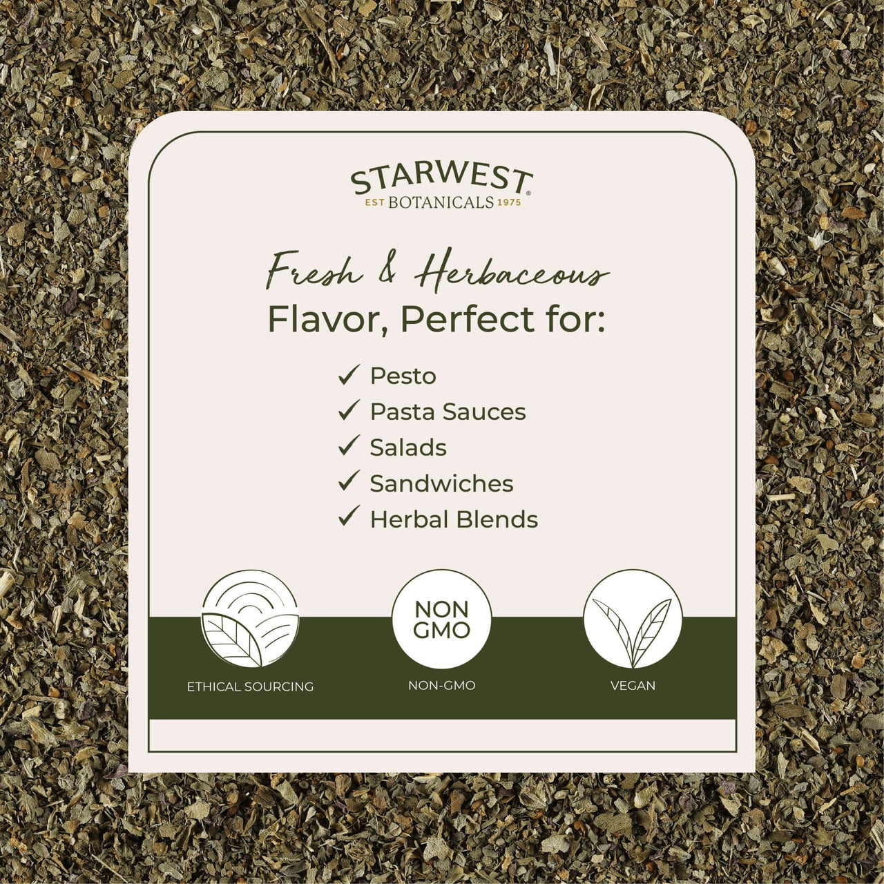 Starwest Botanicals Organic Basil Leaves - Dried Sweet Basil Leaf, Herb for Seasoning Blends & Cooking, Cut & Sifted, Certified Kosher, Non-GMO - Bulk 1 lb Bag
