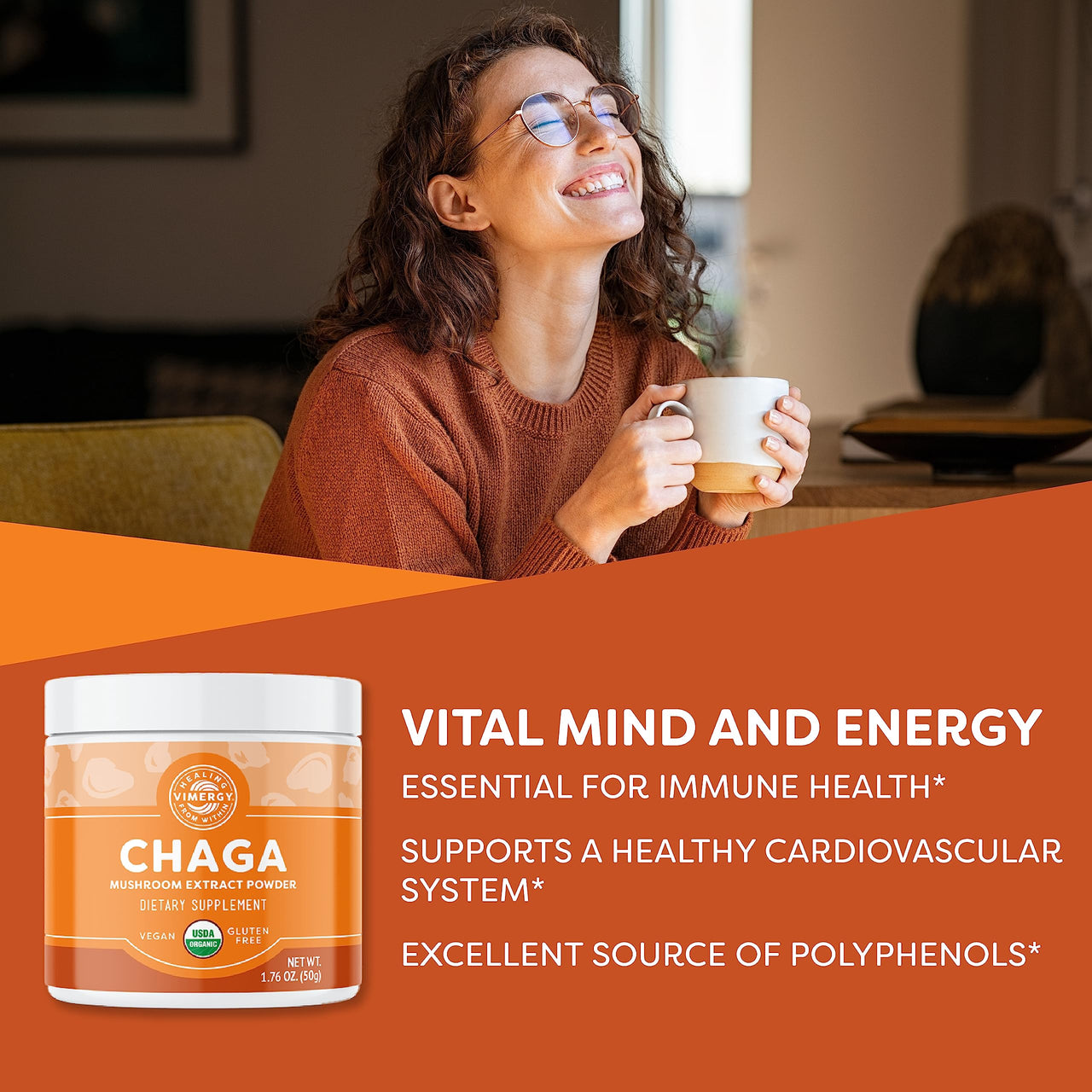 Vimergy Chaga Powder – Superfood Cellular Support* – Benefits Cardiovascular Health* – USDA Certified Organic, Vegan, Gluten-Free – 33 Servings