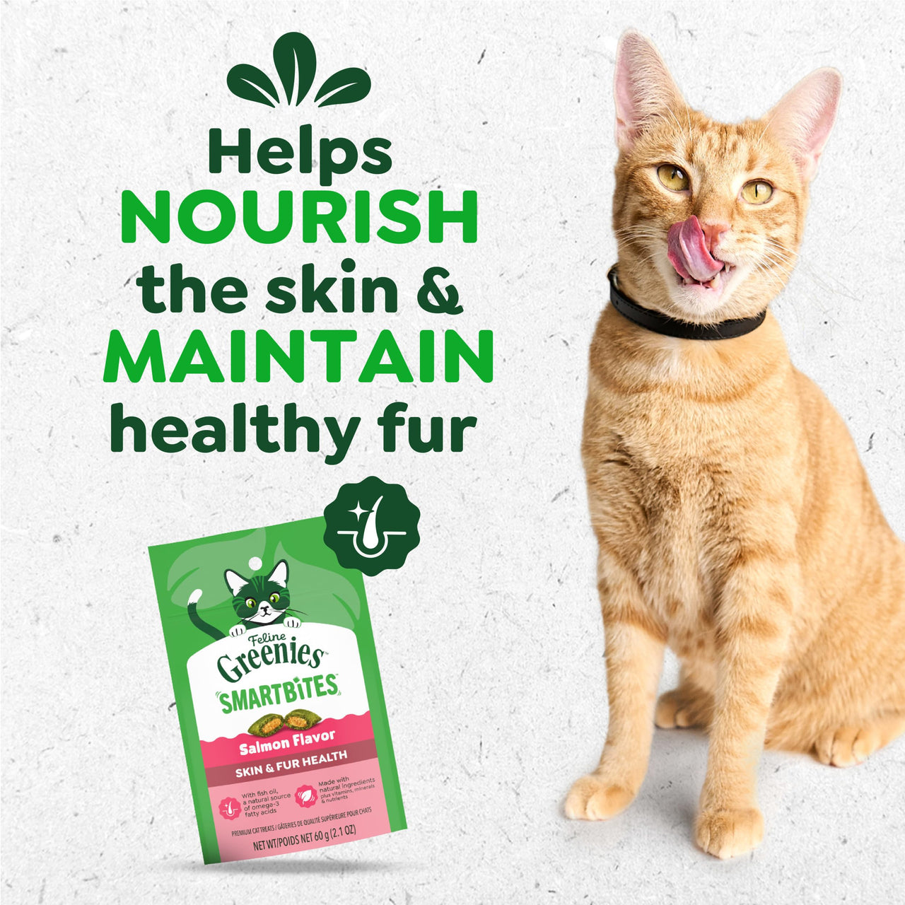 Greenies Cat Treats, Feline Smartbites, Skin & Fur Health, Crunchy and Soft Cat Treats, Salmon Flavor, 2.1 oz. Pack