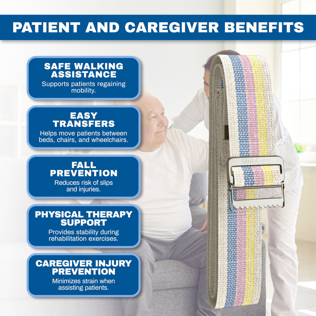 Skil-Care Cotton Gait Belt, Pastel Stripe Design, Gait Belt for Seniors, 72” L x 2” W, Secure Metal Buckle, Durable Cotton Webbing Transfer and Physical Therapy Belt, 252072